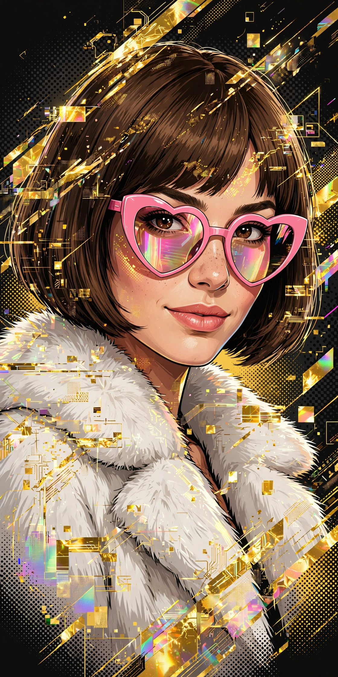 Portrait of Lyla: short brown bob, pink heart-shaped sunglasses, white fur coat, golden holographic glitch